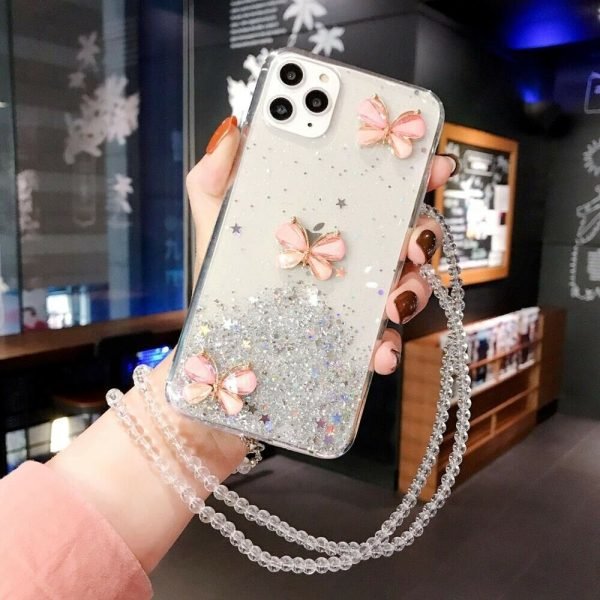 For Apple iPhone 12 Pro Smart Shockproof Glitter Crystal butterfly Wrist Strap Case Cover (White) - Image 5