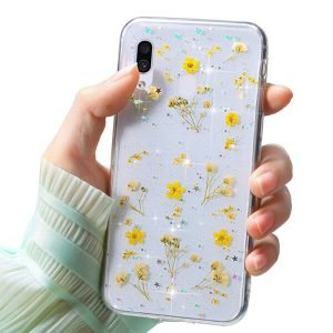 Samsung Galaxy A20 Smart Shockproof Dry Flower Glitter TPU Cover Case (Yellow)