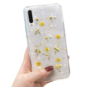 Samsung Galaxy A50 Smart Shockproof Dry Flower Glitter TPU Cover Case (Yellow)