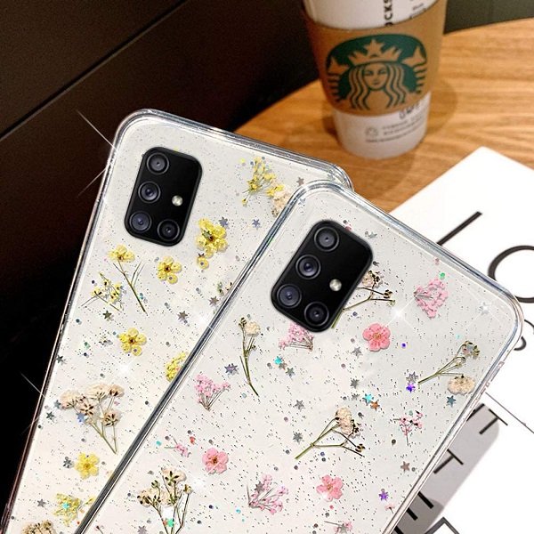 Samsung Galaxy A71 Smart Shockproof Dry Flower Glitter TPU Cover Case (Yellow)