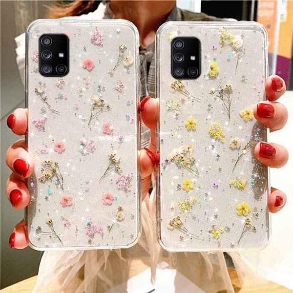 Samsung Galaxy A71 Smart Shockproof Dry Flower Glitter TPU Cover Case (Yellow)