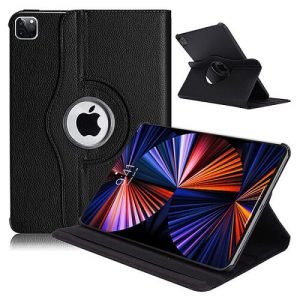 Apple iPad 12.9 5th Gen 2021 Leather Case, Rotating 360 Degree Stand Smart Shockproof Flip Cover (Black)