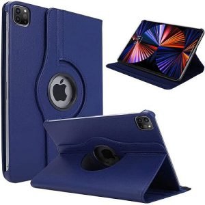 Apple iPad 12.9 5th Gen 2021 Leather Case, Rotating 360 Degree Stand Smart Shockproof Flip Cover (Blue)
