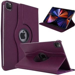 Apple iPad 12.9 5th Gen 2021 Leather Case, Rotating 360 Degree Stand Smart Shockproof Flip Cover (Purple)