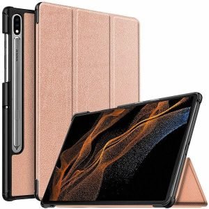 For Samsung Galaxy Tab S8 Ultra – With Pencil Holder Folio Smart Leather Magnetic Stand Case Cover (Rose Gold)