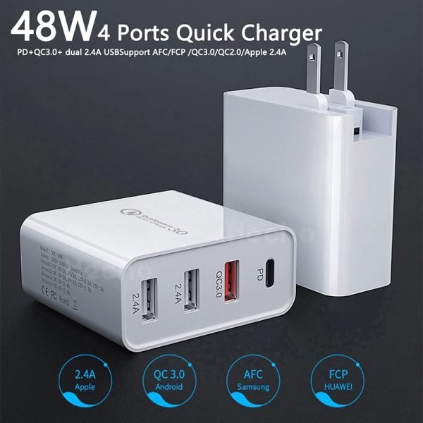 Qualcomm QC3.0 48W PD Fast Charging Charger Multi 4 Ports PD30W +QC18W Fast Power Wall Plug Cell Phone Chargers Charging (White) - Image 5