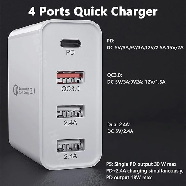 Qualcomm QC3.0 48W PD Fast Charging Charger Multi 4 Ports PD30W +QC18W Fast Power Wall Plug Cell Phone Chargers Charging (White) - Image 6