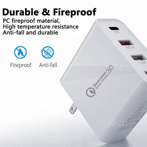 Qualcomm QC3.0 48W PD Fast Charging Charger Multi 4 Ports PD30W +QC18W Fast Power Wall Plug Cell Phone Chargers Charging (White) - Image 2