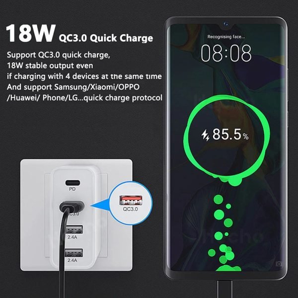 Qualcomm QC3.0 48W PD Fast Charging Charger Multi 4 Ports PD30W +QC18W Fast Power Wall Plug Cell Phone Chargers Charging (White) - Image 7