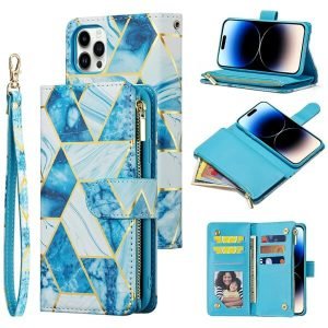 Marble Wallet Case For Apple iPhone 14 Pro Shockproof Card Holder Leather Flip Cover (Blue)