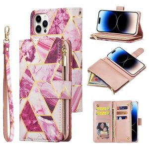 Marble Wallet Case For Apple iPhone 14 Pro Shockproof Card Holder Leather Flip Cover (Purple)