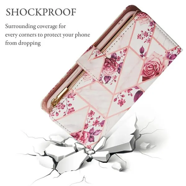 Marble Wallet Case For Apple iPhone 14 Plus Card Holder Leather Flip Cover (Pink) - Image 2