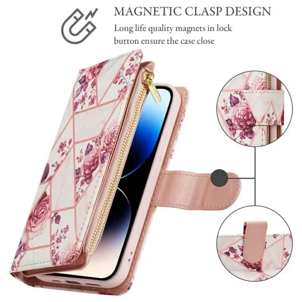 Marble Wallet Case For Apple iPhone 14 Plus Card Holder Leather Flip Cover (Pink) - Image 4