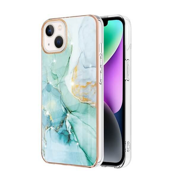 For Apple iPhone 14 Flower Pattern Marble Case Slim Design Enhanced Camera and Screen Protection Girls and Women Cover (Green)