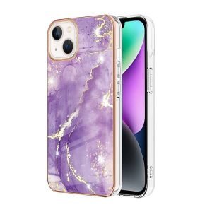 For Apple iPhone 14 Flower Pattern Marble Case Slim Design Enhanced Camera and Screen Protection Girls and Women Cover (Purple)