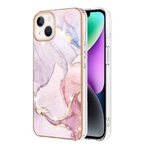 For Apple iPhone 14 Flower Pattern Marble Case Slim Design Enhanced Camera and Screen Protection Girls and Women Cover (Rose Gold)