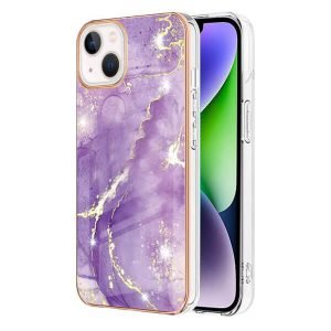 For Apple iPhone 14 Plus Flower Pattern Marble Case Slim Design Enhanced Camera and Screen Protection Girls and Women Cover (Purple)