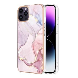For Apple iPhone 14 Pro Max Flower Pattern Marble Case Slim Design Enhanced Camera and Screen Protection Girls and Women Cover (Rose Gold)