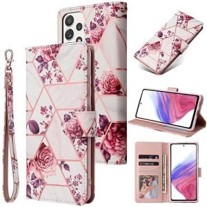 For Samsung Galaxy S22 5G Case Fashion Marble Painting Pattern Flip Wallet Case Leather Card Slots Stand Cover (Pink)