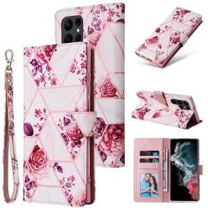 For Samsung Galaxy S22 Ultra Case Fashion Marble Painting Pattern Flip Wallet Case Leather Card Slots Stand Cover (Pink)