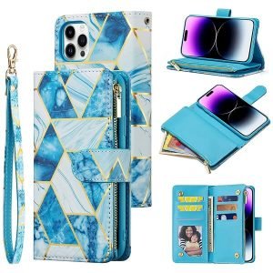 Marble Wallet Case For Apple iPhone 14 Pro Max Shockproof Card Holder Leather Flip Cover (Blue)