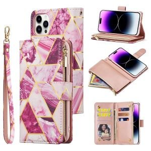 Marble Wallet Case For Apple iPhone 14 Pro Max Shockproof Card Holder Leather Flip Cover (Purple)