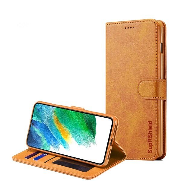 Samsung Galaxy S21 FE 5G SupRShield Wallet Leather Card Holder Flip Protective Shockproof Magnetic Case Cover (Brown)