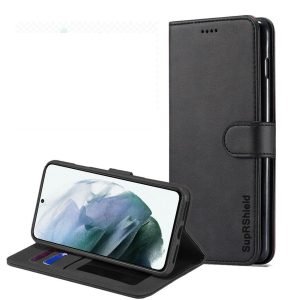 Samsung Galaxy S21 FE 5G SupRShield Wallet Leather Card Holder Flip Protective Shockproof Magnetic Case Cover (Black)