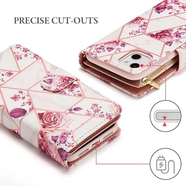 Marble Wallet Case For Apple iPhone 14 Plus Card Holder Leather Flip Cover (Pink) - Image 5