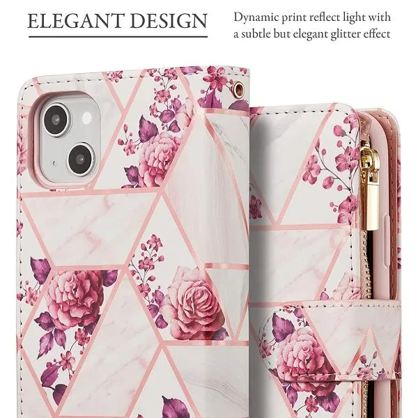 Marble Wallet Case For Apple iPhone 14 Plus Card Holder Leather Flip Cover (Pink) - Image 3
