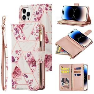 Marble Wallet Case For Apple iPhone 14 Pro Shockproof Card Holder Leather Flip Cover (Pink)