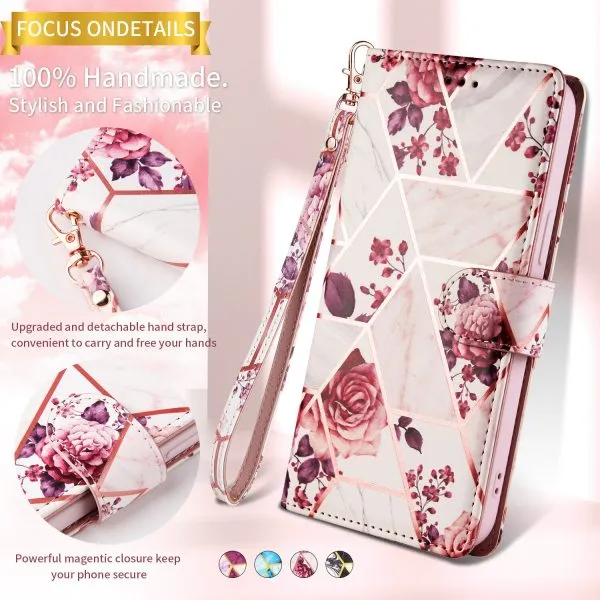 Marble Wallet Case For Apple iPhone 14 Plus Card Holder Leather Flip Cover (Pink) - Image 8