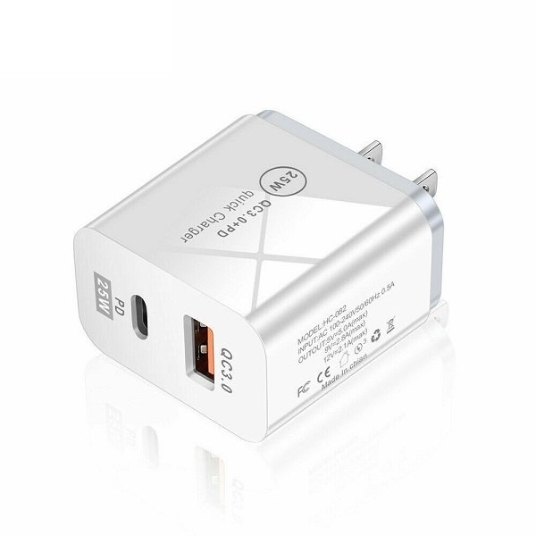25W Fast Charger Dual Port USB + PD Wall Charger Adapter For Phone Tab iPad iPhone Samsung Huawei Xiaomi Oneplus (White)