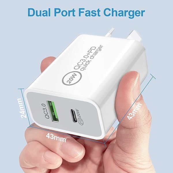 25W Fast Charger Dual Port USB + PD Wall Charger Adapter For Phone Tab iPad iPhone Samsung Huawei Xiaomi Oneplus (White)