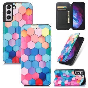 CaseNeo For Samsung Galaxy S23 5G Leather Wallet Flip Case With RFID Blocking Credit Card Holder Slots Cover – Colored Squares
