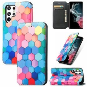 CaseNeo For Samsung Galaxy S23 Ultra 5G Leather Wallet Flip Case With RFID Blocking Credit Card Holder Slots Cover – Colored Squares