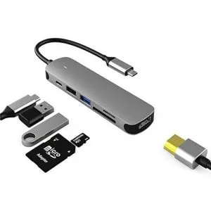 Type C 6 in 1 USB Hub 3.0 Multi USB Splitter 4 USB Port 3.0 2.0 with PD60W Adapter For MacBook Air/Pro/Chromebook/Type C Laptops (Silver)