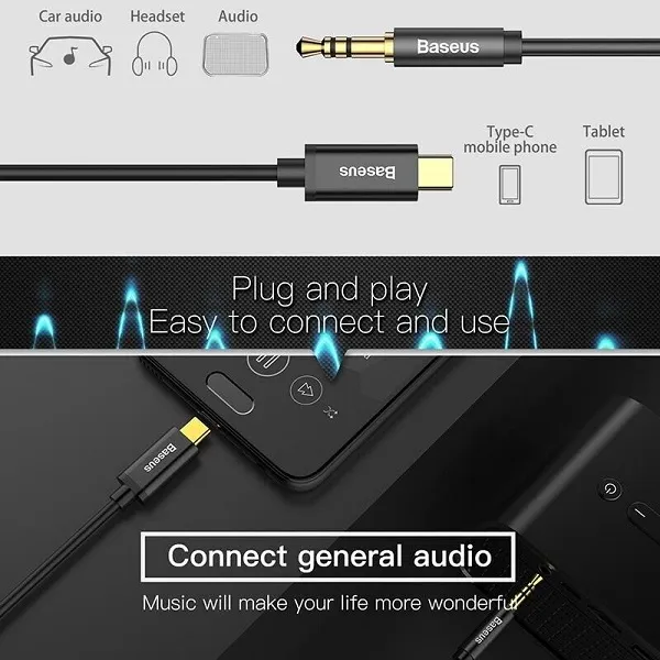 Baseus USB Type C to Audio AUX Auxiliary Cable Jack USB C to 3.5mm Male Cord Adapter