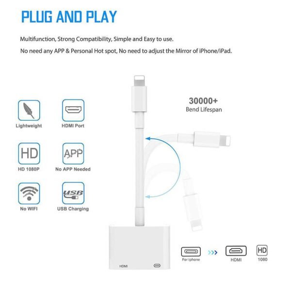 Lightning to HDMI Adapter for iPhone to TV, iPhone to HDMI Adapter 1080P Digital AV Adapter Screen Connector Cable with Charging Port for iPhone iPad to HDTVProjectorMonitor