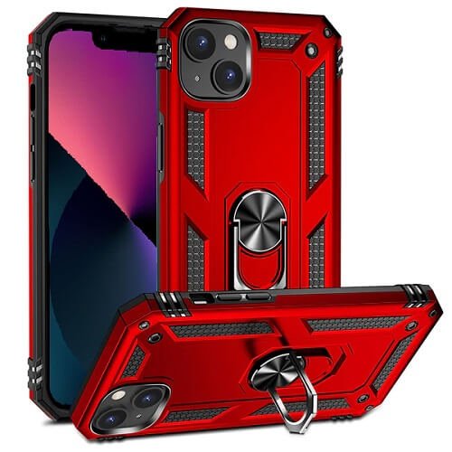 Apple iPhone 13 Magnetic Ring Rugged Shockproof Case Heavy Duty Protective Back Cover (Red)