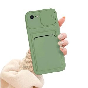 For Apple iPhone 8 Smart Shockproof Slide Camera Protector Card Slots Wallet Case Cover (Green)