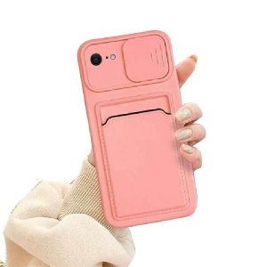 For Apple iPhone 8 Smart Shockproof Slide Camera Protector Card Slots Wallet Case Cover (Pink)