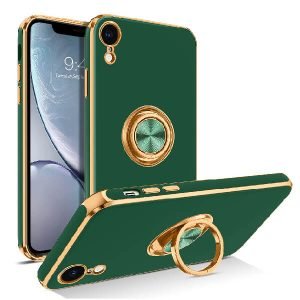 For Apple iPhone XR Ring Case Luxury Stream Plating Elegant Cover Case (Dark Green)