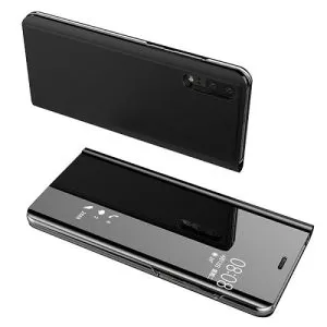 For Huawei P20 Luxury Mirror View Flip PU Shockproof Protective Case Cover (Black)
