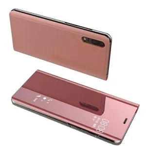 For Huawei P20 Luxury Mirror View Flip PU Shockproof Protective Case Cover (Rose Gold)