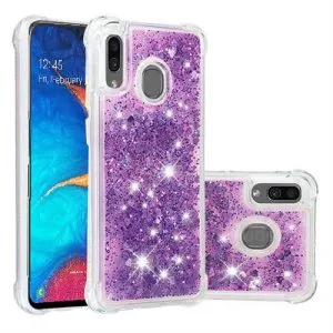 Free Shiping For Canada Samsung Galaxy A20 Purple Glitter Case Cover, Tempered Glass Screen Protector, Wallet Leather Flip, Charging Cable & Adapter.