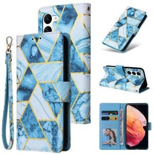 Marble Wallet Case For Samsung Galaxy S23 Plus Card Holder Leather Flip Cover (Blue)