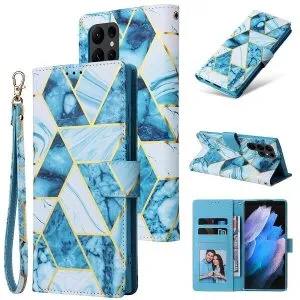 Marble Wallet Case For Samsung Galaxy S23 Ultra Card Holder Leather Flip Cover (Blue)