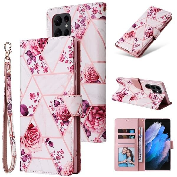 Marble Wallet Case For Samsung Galaxy S23 Ultra Card Holder Leather Flip Cover (Rose Gold)