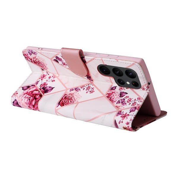 Marble Wallet Case For Samsung Galaxy S23 Ultra Card Holder Leather Flip Cover (Rose Gold)